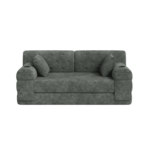 Sofá-cama de 2 lugares u2013 encosto alto, sofá em veludo comprimido com estrutura metálica, espuma de alta densidade, porta-copos e bolsos laterais u2013 cinzento escuro Sofá-cama de 2 lugares u2013 encosto alto, sofá em veludo comprimido com estrutura metálica, espuma de alta densidade, porta-copos e bolsos laterais u2013 cinzento escuro