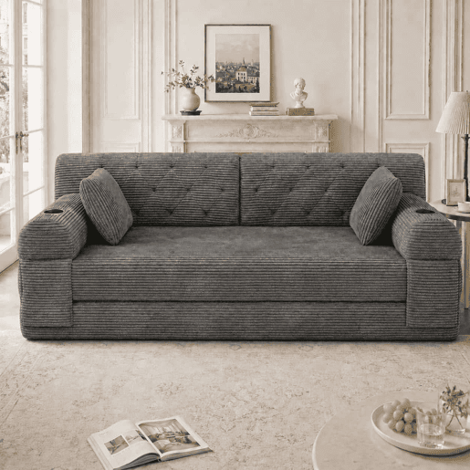 Sofá-cama de 2 lugares u2013 encosto alto, sofá em veludo comprimido com estrutura metálica, espuma de alta densidade, porta-copos e bolsos laterais u2013 cinzento escuro Sofá-cama de 2 lugares u2013 encosto alto, sofá em veludo comprimido com estrutura metálica, espuma de alta densidade, porta-copos e bolsos laterais u2013 cinzento escuro