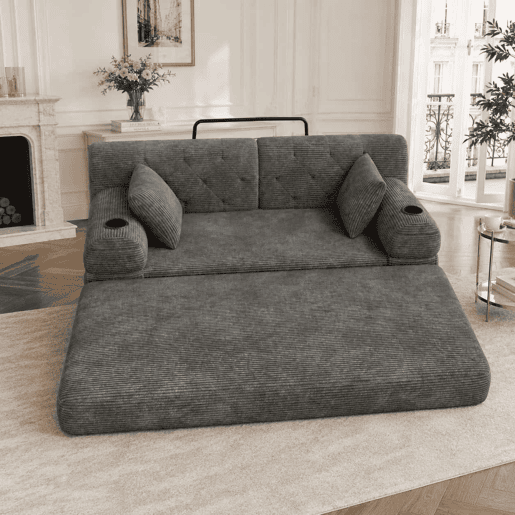 Sofá-cama de 2 lugares u2013 encosto alto, sofá em veludo comprimido com estrutura metálica, espuma de alta densidade, porta-copos e bolsos laterais u2013 cinzento escuro Sofá-cama de 2 lugares u2013 encosto alto, sofá em veludo comprimido com estrutura metálica, espuma de alta densidade, porta-copos e bolsos laterais u2013 cinzento escuro