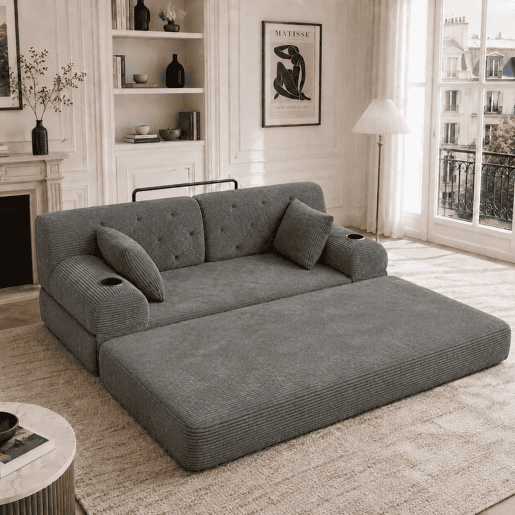 Sofá-cama de 2 lugares u2013 encosto alto, sofá em veludo comprimido com estrutura metálica, espuma de alta densidade, porta-copos e bolsos laterais u2013 cinzento escuro Sofá-cama de 2 lugares u2013 encosto alto, sofá em veludo comprimido com estrutura metálica, espuma de alta densidade, porta-copos e bolsos laterais u2013 cinzento escuro