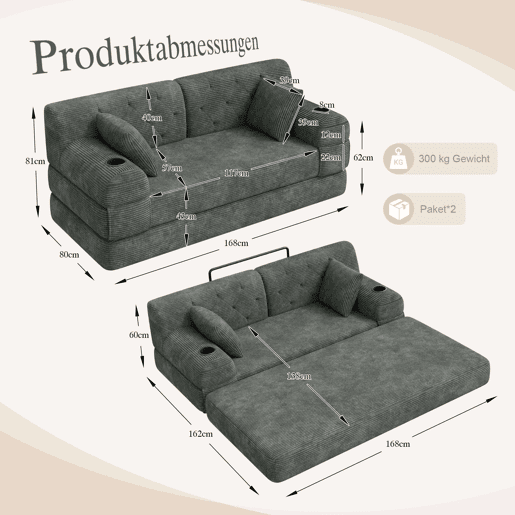 Sofá-cama de 2 lugares u2013 encosto alto, sofá em veludo comprimido com estrutura metálica, espuma de alta densidade, porta-copos e bolsos laterais u2013 cinzento escuro Sofá-cama de 2 lugares u2013 encosto alto, sofá em veludo comprimido com estrutura metálica, espuma de alta densidade, porta-copos e bolsos laterais u2013 cinzento escuro