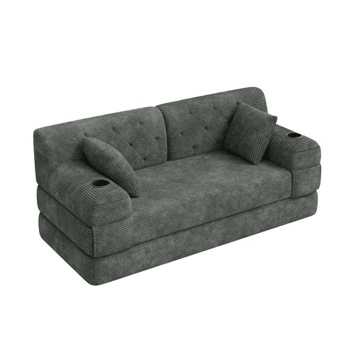 Sofá-cama de 2 lugares u2013 encosto alto, sofá em veludo comprimido com estrutura metálica, espuma de alta densidade, porta-copos e bolsos laterais u2013 cinzento escuro Sofá-cama de 2 lugares u2013 encosto alto, sofá em veludo comprimido com estrutura metálica, espuma de alta densidade, porta-copos e bolsos laterais u2013 cinzento escuro