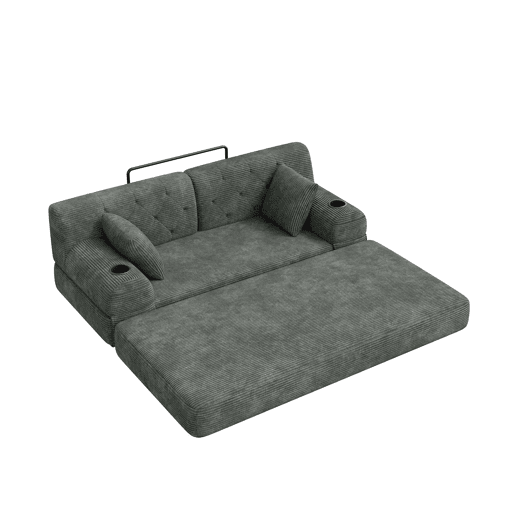 Sofá-cama de 2 lugares u2013 encosto alto, sofá em veludo comprimido com estrutura metálica, espuma de alta densidade, porta-copos e bolsos laterais u2013 cinzento escuro Sofá-cama de 2 lugares u2013 encosto alto, sofá em veludo comprimido com estrutura metálica, espuma de alta densidade, porta-copos e bolsos laterais u2013 cinzento escuro