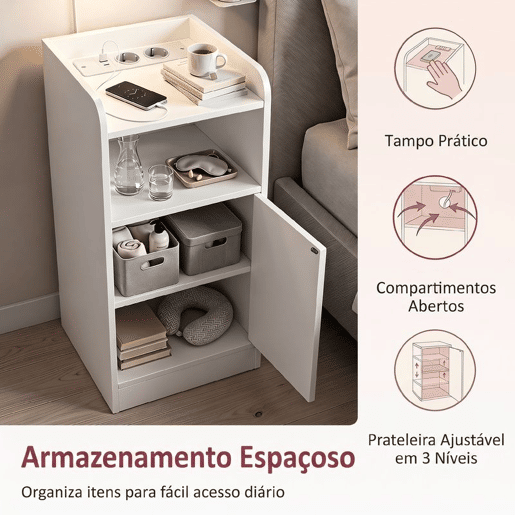 HOMCOM Conjunto de 2 Mesas de Cabeceira Estreitas com Estação de Carregamento, Porta, Compartimento Aberto e Prateleira Ajustável, Branco HOMCOM Conjunto de 2 Mesas de Cabeceira Estreitas com Estação de Carregamento, Porta, Compartimento Aberto e Prateleira Ajustável, Branco