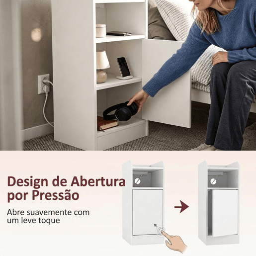 HOMCOM Conjunto de 2 Mesas de Cabeceira Estreitas com Estação de Carregamento, Porta, Compartimento Aberto e Prateleira Ajustável, Branco HOMCOM Conjunto de 2 Mesas de Cabeceira Estreitas com Estação de Carregamento, Porta, Compartimento Aberto e Prateleira Ajustável, Branco