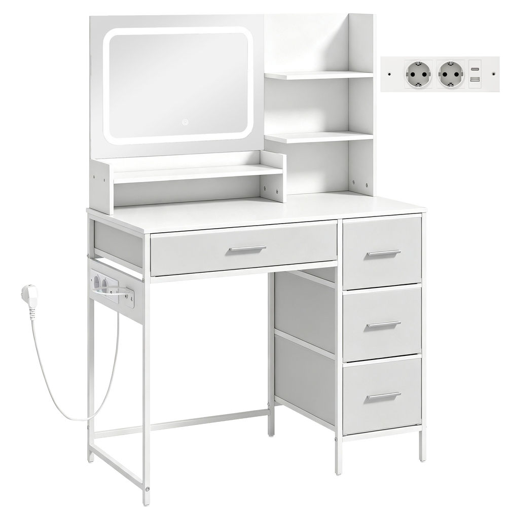 Homcom tocador de maquillaje con espejo led, tocador con estación de carga, 3 colores de luz, 4 cajones, 5 estantes abiertos, soporte para secador y estructura metálica, para dormitorio, blanco