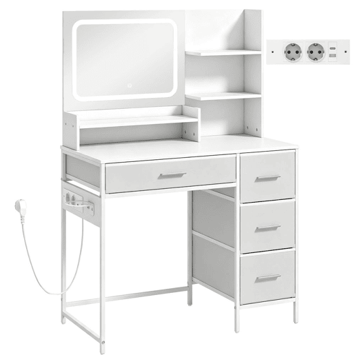 HOMCOM Penteadeira de Maquilhagem com Espelho LED, Estação de Carregamento, 3 Tons de Luz, 4 Gavetas, 5 Prateleiras, Suporte para Secador, Branco HOMCOM Penteadeira de Maquilhagem com Espelho LED, Estação de Carregamento, 3 Tons de Luz, 4 Gavetas, 5 Prateleiras, Suporte para Secador, Branco