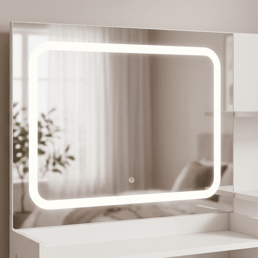HOMCOM Penteadeira de Maquilhagem com Espelho LED, Estação de Carregamento, 3 Tons de Luz, 4 Gavetas, 5 Prateleiras, Suporte para Secador, Branco HOMCOM Penteadeira de Maquilhagem com Espelho LED, Estação de Carregamento, 3 Tons de Luz, 4 Gavetas, 5 Prateleiras, Suporte para Secador, Branco