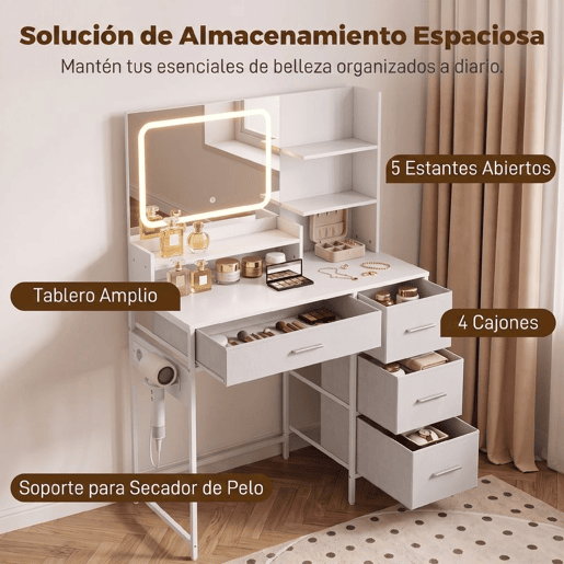 HOMCOM Penteadeira de Maquilhagem com Espelho LED, Estação de Carregamento, 3 Tons de Luz, 4 Gavetas, 5 Prateleiras, Suporte para Secador, Branco HOMCOM Penteadeira de Maquilhagem com Espelho LED, Estação de Carregamento, 3 Tons de Luz, 4 Gavetas, 5 Prateleiras, Suporte para Secador, Branco