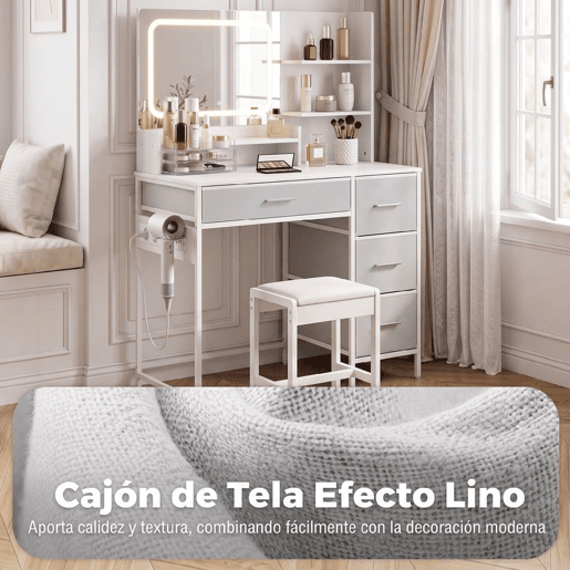 HOMCOM Penteadeira de Maquilhagem com Espelho LED, Estação de Carregamento, 3 Tons de Luz, 4 Gavetas, 5 Prateleiras, Suporte para Secador, Branco HOMCOM Penteadeira de Maquilhagem com Espelho LED, Estação de Carregamento, 3 Tons de Luz, 4 Gavetas, 5 Prateleiras, Suporte para Secador, Branco