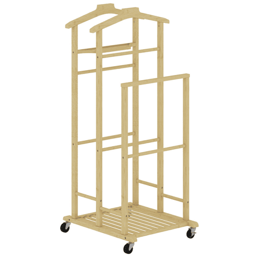 HOMCOM Galã de Noite em Bambu, Cabideiro com Rodas, Barras para Roupa, Suporte para Calças, Bandeja e Prateleira Inferior, Ideal para Quarto, 41x50x105 cm, Natural HOMCOM Galã de Noite em Bambu, Cabideiro com Rodas, Barras para Roupa, Suporte para Calças, Bandeja e Prateleira Inferior, Ideal para Quarto, 41x50x105 cm, Natural