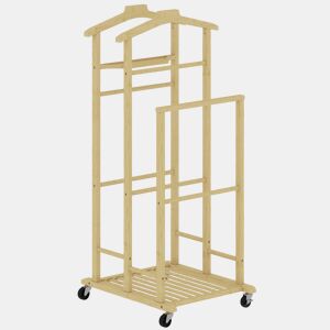 HOMCOM Galã de Noite em Bambu, Cabideiro com Rodas, Barras para Roupa, Suporte para Calças, Bandeja e Prateleira Inferior, Ideal para Quarto, 41x50x105 cm, Natural