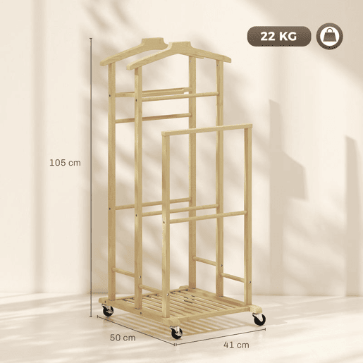 HOMCOM Galã de Noite em Bambu, Cabideiro com Rodas, Barras para Roupa, Suporte para Calças, Bandeja e Prateleira Inferior, Ideal para Quarto, 41x50x105 cm, Natural HOMCOM Galã de Noite em Bambu, Cabideiro com Rodas, Barras para Roupa, Suporte para Calças, Bandeja e Prateleira Inferior, Ideal para Quarto, 41x50x105 cm, Natural