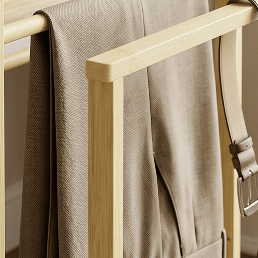HOMCOM Galã de Noite em Bambu, Cabideiro com Rodas, Barras para Roupa, Suporte para Calças, Bandeja e Prateleira Inferior, Ideal para Quarto, 41x50x105 cm, Natural HOMCOM Galã de Noite em Bambu, Cabideiro com Rodas, Barras para Roupa, Suporte para Calças, Bandeja e Prateleira Inferior, Ideal para Quarto, 41x50x105 cm, Natural