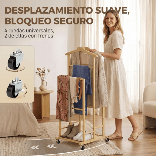 HOMCOM Galã de Noite em Bambu, Cabideiro com Rodas, Barras para Roupa, Suporte para Calças, Bandeja e Prateleira Inferior, Ideal para Quarto, 41x50x105 cm, Natural HOMCOM Galã de Noite em Bambu, Cabideiro com Rodas, Barras para Roupa, Suporte para Calças, Bandeja e Prateleira Inferior, Ideal para Quarto, 41x50x105 cm, Natural