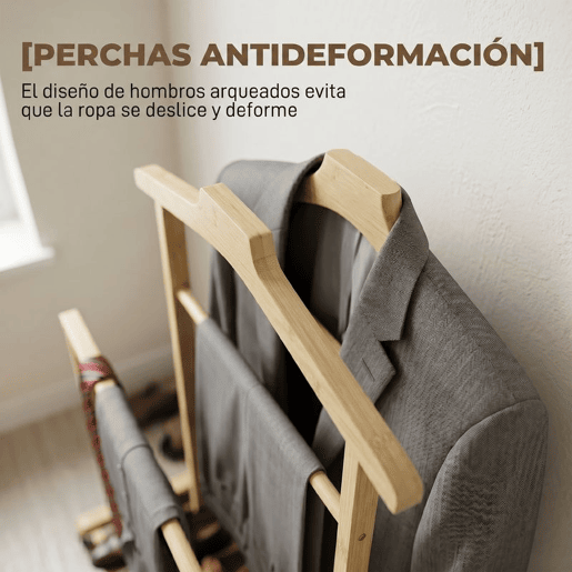 HOMCOM Galã de Noite em Bambu, Cabideiro com Rodas, Barras para Roupa, Suporte para Calças, Bandeja e Prateleira Inferior, Ideal para Quarto, 41x50x105 cm, Natural HOMCOM Galã de Noite em Bambu, Cabideiro com Rodas, Barras para Roupa, Suporte para Calças, Bandeja e Prateleira Inferior, Ideal para Quarto, 41x50x105 cm, Natural