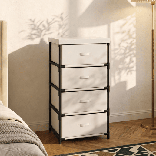 HOMCOM Cómoda com 4 Gavetas em Tecido para Quarto, Estrutura em Aço, Montagem Rápida, para Sala, Escritório ou Closet, Bege HOMCOM Cómoda com 4 Gavetas em Tecido para Quarto, Estrutura em Aço, Montagem Rápida, para Sala, Escritório ou Closet, Bege