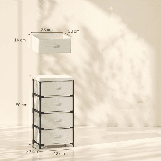 HOMCOM Cómoda com 4 Gavetas em Tecido para Quarto, Estrutura em Aço, Montagem Rápida, para Sala, Escritório ou Closet, Bege HOMCOM Cómoda com 4 Gavetas em Tecido para Quarto, Estrutura em Aço, Montagem Rápida, para Sala, Escritório ou Closet, Bege