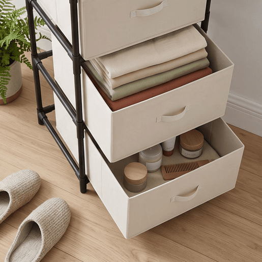 HOMCOM Cómoda com 4 Gavetas em Tecido para Quarto, Estrutura em Aço, Montagem Rápida, para Sala, Escritório ou Closet, Bege HOMCOM Cómoda com 4 Gavetas em Tecido para Quarto, Estrutura em Aço, Montagem Rápida, para Sala, Escritório ou Closet, Bege
