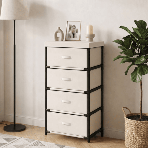 HOMCOM Cómoda com 4 Gavetas em Tecido para Quarto, Estrutura em Aço, Montagem Rápida, para Sala, Escritório ou Closet, Bege HOMCOM Cómoda com 4 Gavetas em Tecido para Quarto, Estrutura em Aço, Montagem Rápida, para Sala, Escritório ou Closet, Bege