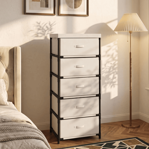 HOMCOM Cómoda com 5 Gavetas em Tecido, Cómoda de Quarto com Estrutura de Aço, Montagem Rápida, para Sala, Escritório e Closet, Bege HOMCOM Cómoda com 5 Gavetas em Tecido, Cómoda de Quarto com Estrutura de Aço, Montagem Rápida, para Sala, Escritório e Closet, Bege