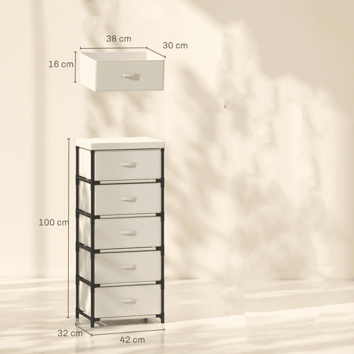HOMCOM Cómoda com 5 Gavetas em Tecido, Cómoda de Quarto com Estrutura de Aço, Montagem Rápida, para Sala, Escritório e Closet, Bege HOMCOM Cómoda com 5 Gavetas em Tecido, Cómoda de Quarto com Estrutura de Aço, Montagem Rápida, para Sala, Escritório e Closet, Bege