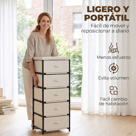 HOMCOM Cómoda com 5 Gavetas em Tecido, Cómoda de Quarto com Estrutura de Aço, Montagem Rápida, para Sala, Escritório e Closet, Bege HOMCOM Cómoda com 5 Gavetas em Tecido, Cómoda de Quarto com Estrutura de Aço, Montagem Rápida, para Sala, Escritório e Closet, Bege