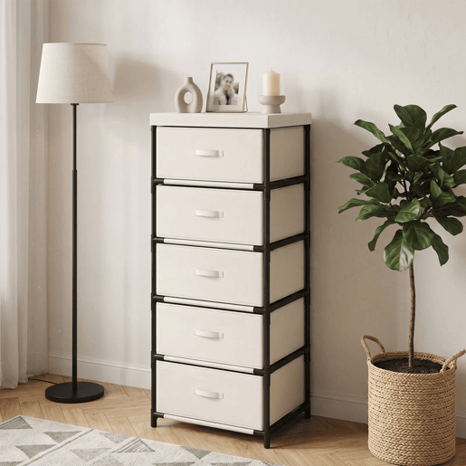HOMCOM Cómoda com 5 Gavetas em Tecido, Cómoda de Quarto com Estrutura de Aço, Montagem Rápida, para Sala, Escritório e Closet, Bege HOMCOM Cómoda com 5 Gavetas em Tecido, Cómoda de Quarto com Estrutura de Aço, Montagem Rápida, para Sala, Escritório e Closet, Bege