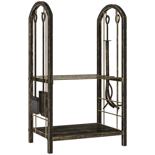 Outsunny Porta-Lenha Metálico de 2 Níveis para Exterior e Interior com 4 Ferramentas de Lareira e Ganchos, Carga até 100 kg, 43x30x74 cm, Castanho