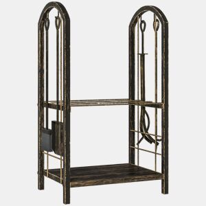 Outsunny Porta-Lenha Metálico de 2 Níveis para Exterior e Interior com 4 Ferramentas de Lareira e Ganchos, Carga até 100 kg, 43x30x74 cm, Castanho