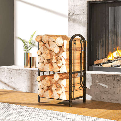 Outsunny Porta-Lenha Metálico de 2 Níveis para Exterior e Interior com 4 Ferramentas de Lareira e Ganchos, Carga até 100 kg, 43x30x74 cm, Castanho