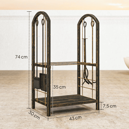 Outsunny Porta-Lenha Metálico de 2 Níveis para Exterior e Interior com 4 Ferramentas de Lareira e Ganchos, Carga até 100 kg, 43x30x74 cm, Castanho