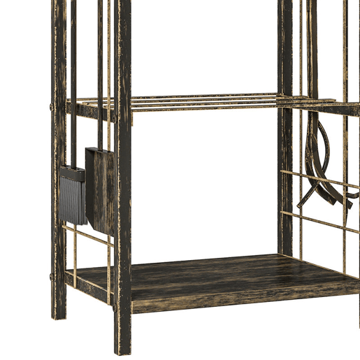 Outsunny Porta-Lenha Metálico de 2 Níveis para Exterior e Interior com 4 Ferramentas de Lareira e Ganchos, Carga até 100 kg, 43x30x74 cm, Castanho