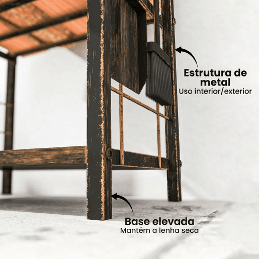 Outsunny Porta-Lenha Metálico de 2 Níveis para Exterior e Interior com 4 Ferramentas de Lareira e Ganchos, Carga até 100 kg, 43x30x74 cm, Castanho
