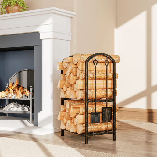 Outsunny Porta-Lenha Metálico de 2 Níveis para Exterior e Interior com 4 Ferramentas de Lareira e Ganchos, Carga até 100 kg, 43x30x74 cm, Castanho