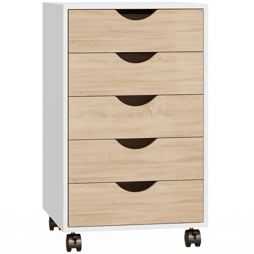 HOMCOM Gaveteiro de Escritório com Rodas, 5 Gavetas, Arquivador Móvel, para Estúdio e Sala, 40x40x67 cm, Branco e Natural HOMCOM Gaveteiro de Escritório com Rodas, 5 Gavetas, Arquivador Móvel, para Estúdio e Sala, 40x40x67 cm, Branco e Natural