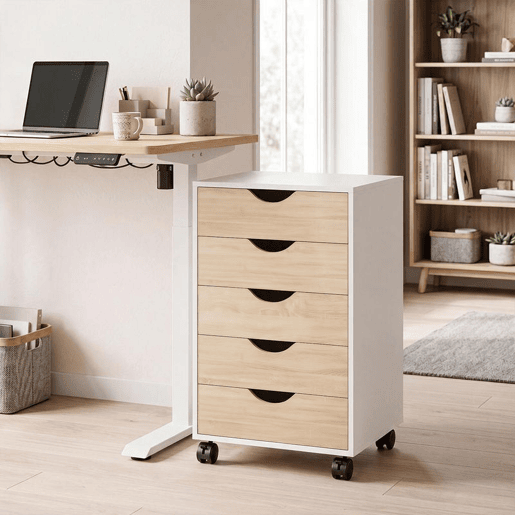 HOMCOM Gaveteiro de Escritório com Rodas, 5 Gavetas, Arquivador Móvel, para Estúdio e Sala, 40x40x67 cm, Branco e Natural HOMCOM Gaveteiro de Escritório com Rodas, 5 Gavetas, Arquivador Móvel, para Estúdio e Sala, 40x40x67 cm, Branco e Natural