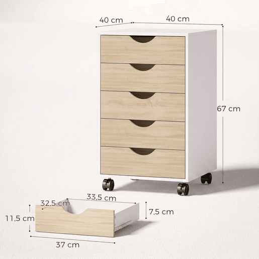 HOMCOM Gaveteiro de Escritório com Rodas, 5 Gavetas, Arquivador Móvel, para Estúdio e Sala, 40x40x67 cm, Branco e Natural HOMCOM Gaveteiro de Escritório com Rodas, 5 Gavetas, Arquivador Móvel, para Estúdio e Sala, 40x40x67 cm, Branco e Natural