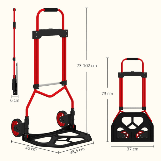 HOMCOM Carrinho de Carga Dobrável com Pega Telescópica Ajustável, até 60 kg, com Rodas, para Garagem, Escritório, Bagagem, Mudanças e Compras, Vermelho HOMCOM Carrinho de Carga Dobrável com Pega Telescópica Ajustável, até 60 kg, com Rodas, para Garagem, Escritório, Bagagem, Mudanças e Compras, Vermelho