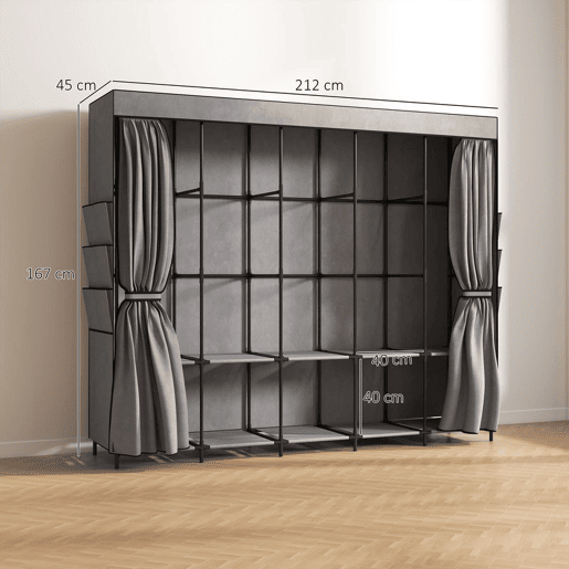 HOMCOM Roupeiro de Tecido com 5 Varões, 5 Prateleiras e 6 Bolsos Laterais, Fecho de Correr, Estrutura em Aço, 212x45x167 cm, Cinzento HOMCOM Roupeiro de Tecido com 5 Varões, 5 Prateleiras e 6 Bolsos Laterais, Fecho de Correr, Estrutura em Aço, 212x45x167 cm, Cinzento