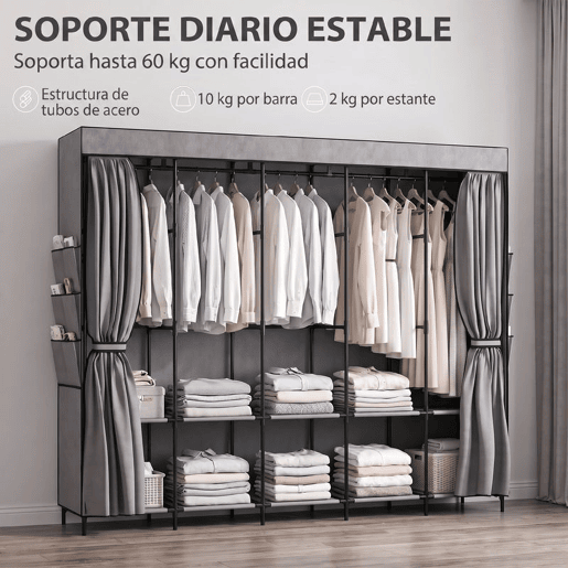 HOMCOM Roupeiro de Tecido com 5 Varões, 5 Prateleiras e 6 Bolsos Laterais, Fecho de Correr, Estrutura em Aço, 212x45x167 cm, Cinzento HOMCOM Roupeiro de Tecido com 5 Varões, 5 Prateleiras e 6 Bolsos Laterais, Fecho de Correr, Estrutura em Aço, 212x45x167 cm, Cinzento