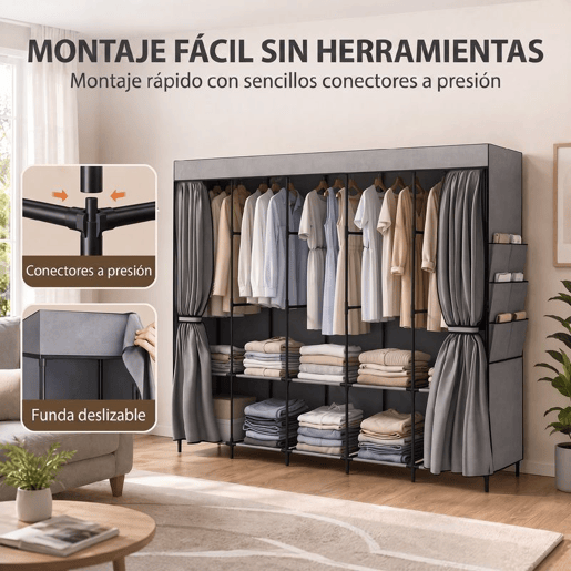 HOMCOM Roupeiro de Tecido com 5 Varões, 5 Prateleiras e 6 Bolsos Laterais, Fecho de Correr, Estrutura em Aço, 212x45x167 cm, Cinzento HOMCOM Roupeiro de Tecido com 5 Varões, 5 Prateleiras e 6 Bolsos Laterais, Fecho de Correr, Estrutura em Aço, 212x45x167 cm, Cinzento