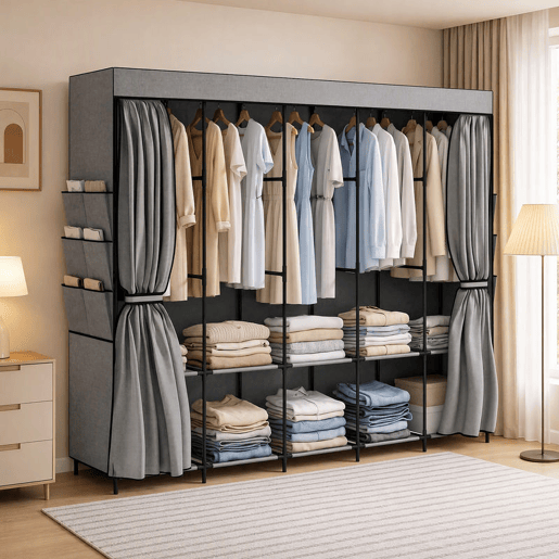HOMCOM Roupeiro de Tecido com 5 Varões, 5 Prateleiras e 6 Bolsos Laterais, Fecho de Correr, Estrutura em Aço, 212x45x167 cm, Cinzento HOMCOM Roupeiro de Tecido com 5 Varões, 5 Prateleiras e 6 Bolsos Laterais, Fecho de Correr, Estrutura em Aço, 212x45x167 cm, Cinzento