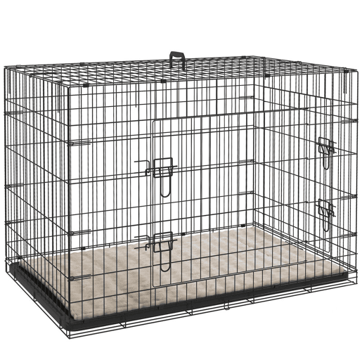 PawHut Jaula Dobrável para Cães Grandes e Extra Grandes com Almofada, 2 Portas, Tabuleiro Amovível e Estrutura Metálica, 106x71,5x76 cm, Preto e Bege PawHut Jaula Dobrável para Cães Grandes e Extra Grandes com Almofada, 2 Portas, Tabuleiro Amovível e Estrutura Metálica, 106x71,5x76 cm, Preto e Bege