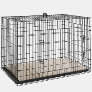 PawHut Jaula Dobrável para Cães Grandes e Extra Grandes com Almofada, 2 Portas, Tabuleiro Amovível e Estrutura Metálica, 106x71,5x76 cm, Preto e Bege