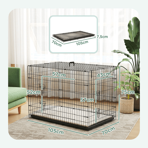 PawHut Jaula Dobrável para Cães Grandes e Extra Grandes com Almofada, 2 Portas, Tabuleiro Amovível e Estrutura Metálica, 106x71,5x76 cm, Preto e Bege PawHut Jaula Dobrável para Cães Grandes e Extra Grandes com Almofada, 2 Portas, Tabuleiro Amovível e Estrutura Metálica, 106x71,5x76 cm, Preto e Bege