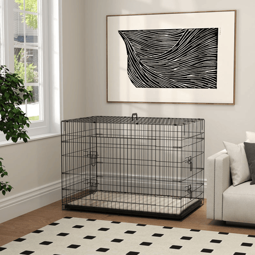 PawHut Jaula Dobrável para Cães Grandes e Extra Grandes com Almofada, 2 Portas, Tabuleiro Amovível e Estrutura Metálica, 106x71,5x76 cm, Preto e Bege PawHut Jaula Dobrável para Cães Grandes e Extra Grandes com Almofada, 2 Portas, Tabuleiro Amovível e Estrutura Metálica, 106x71,5x76 cm, Preto e Bege