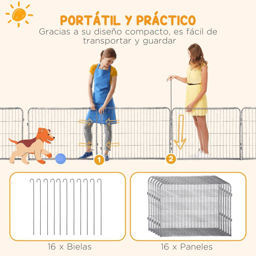 PawHut Parque para Cães com 16 Painéis 80x60 cm, 2 Portas com Fecho, Recinto em Aço para Interior e Exterior, Cinzento PawHut Parque para Cães com 16 Painéis 80x60 cm, 2 Portas com Fecho, Recinto em Aço para Interior e Exterior, Cinzento