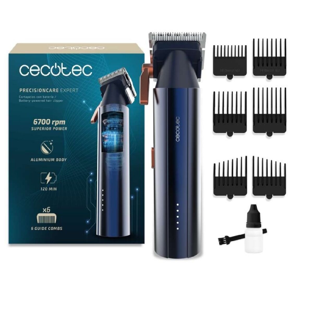 Cecotec cortapelos con motor brushless digital precisioncare expert. 6700rpm, 2 velocidades, 6 peines guía