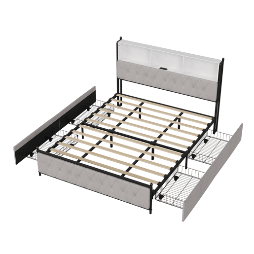 Cama Estofada 180x200 cm Bege em Veludo com 4 Gavetas, Iluminação LED, USB, Tipo-C e Cabeceira com Arrumação Cama Estofada 180x200 cm Bege em Veludo com 4 Gavetas, Iluminação LED, USB, Tipo-C e Cabeceira com Arrumação
